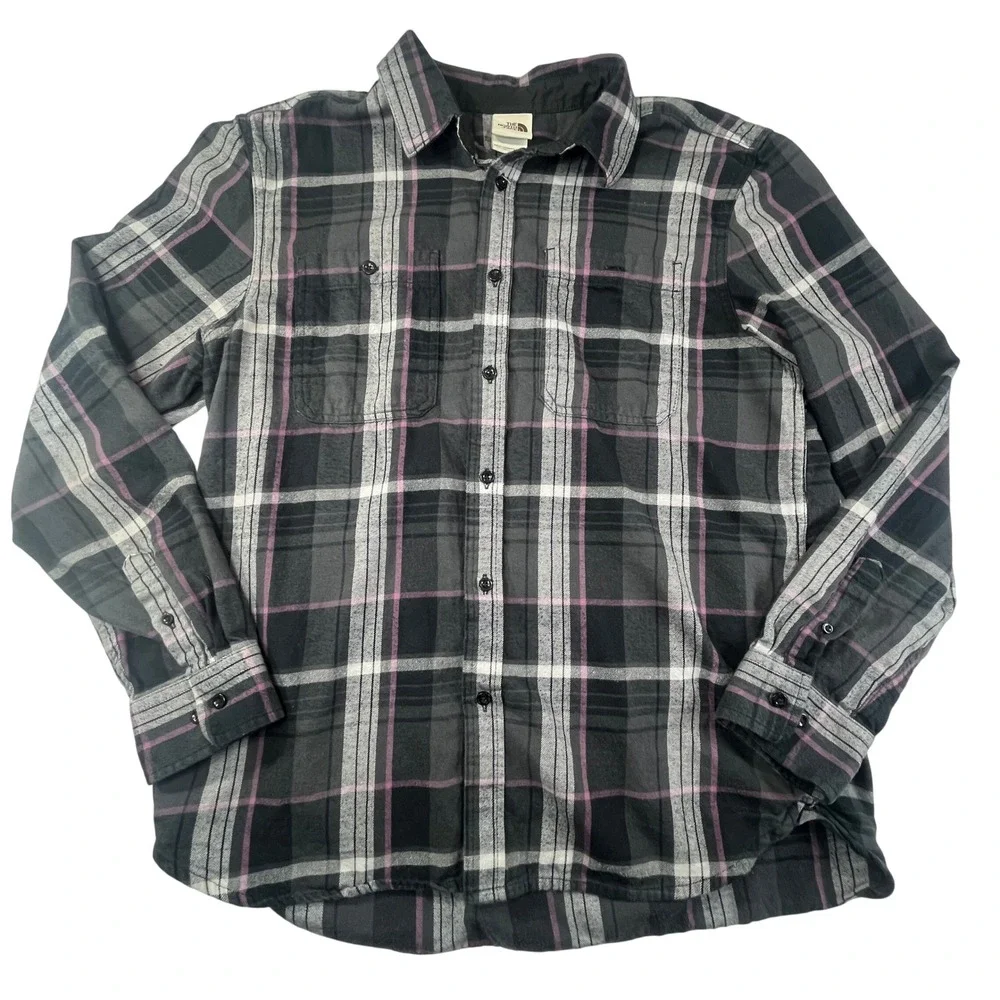 The North Face Arroyo Flannel Shirt Mens L Black‎ Grey Plaid Cotton Button Up